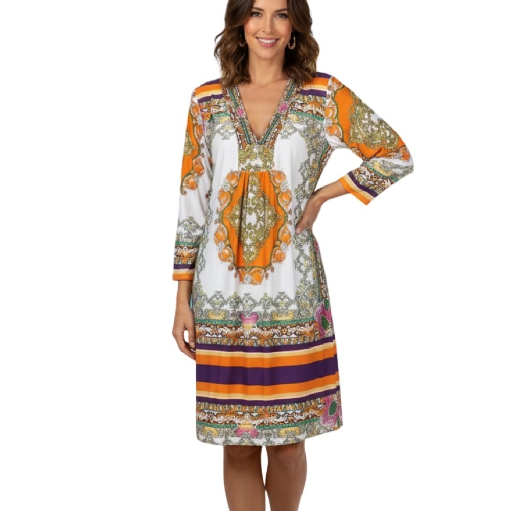 The Pyramid Collection Orange and Purple Resort Wear Long Sleeve Dress